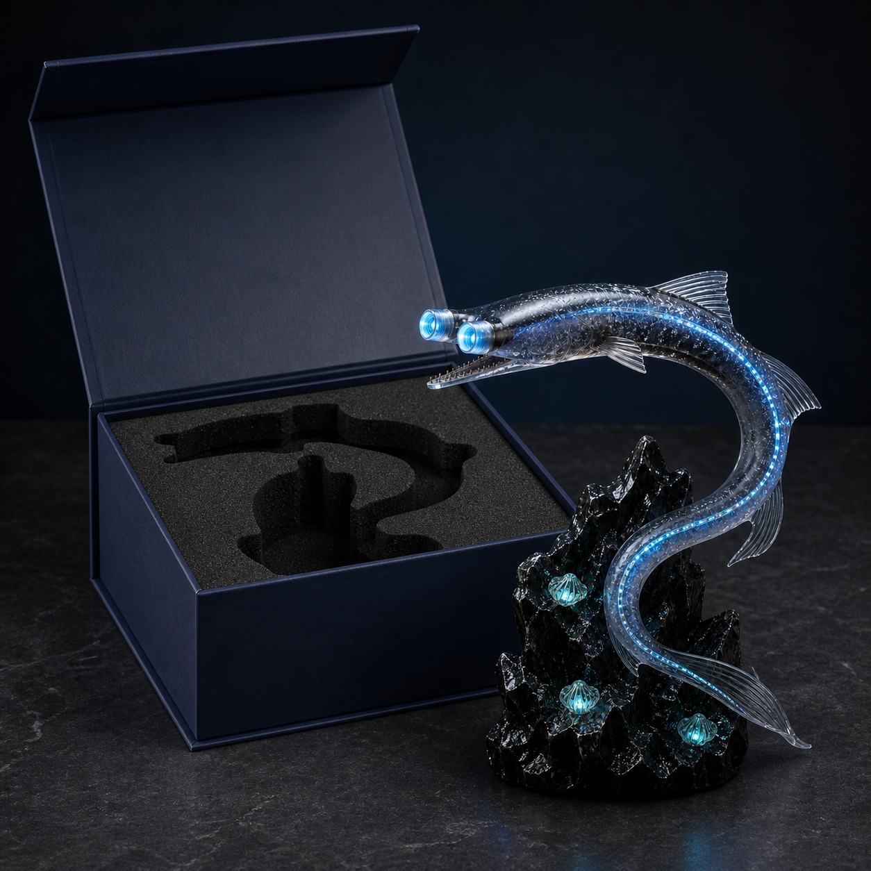 Abyssal Watcher Telescope Fish LED Sculpture – Deep Sea Collector Light