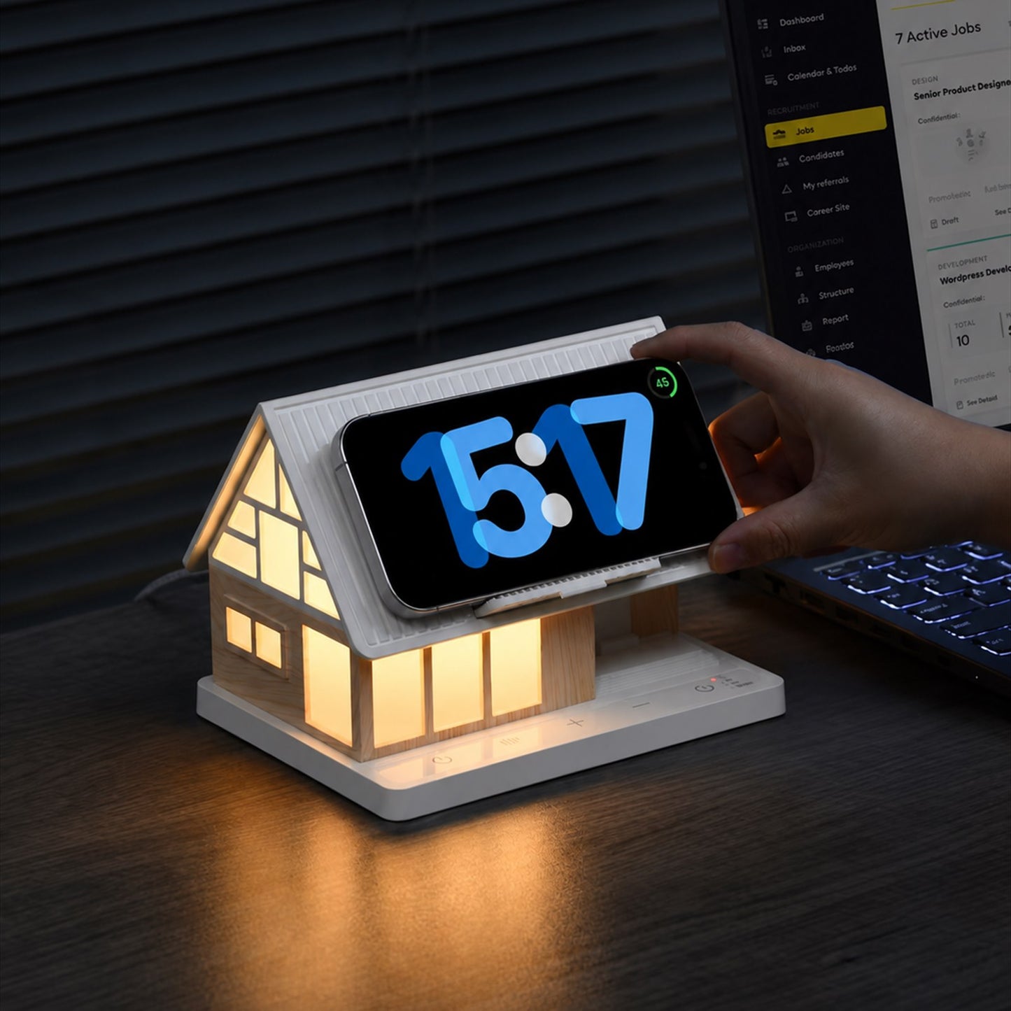 🏡✨ Cozy Cabin 4-in-1 Bedside Station – Alarm Clock, Night Light, White Noise & Wireless Charger