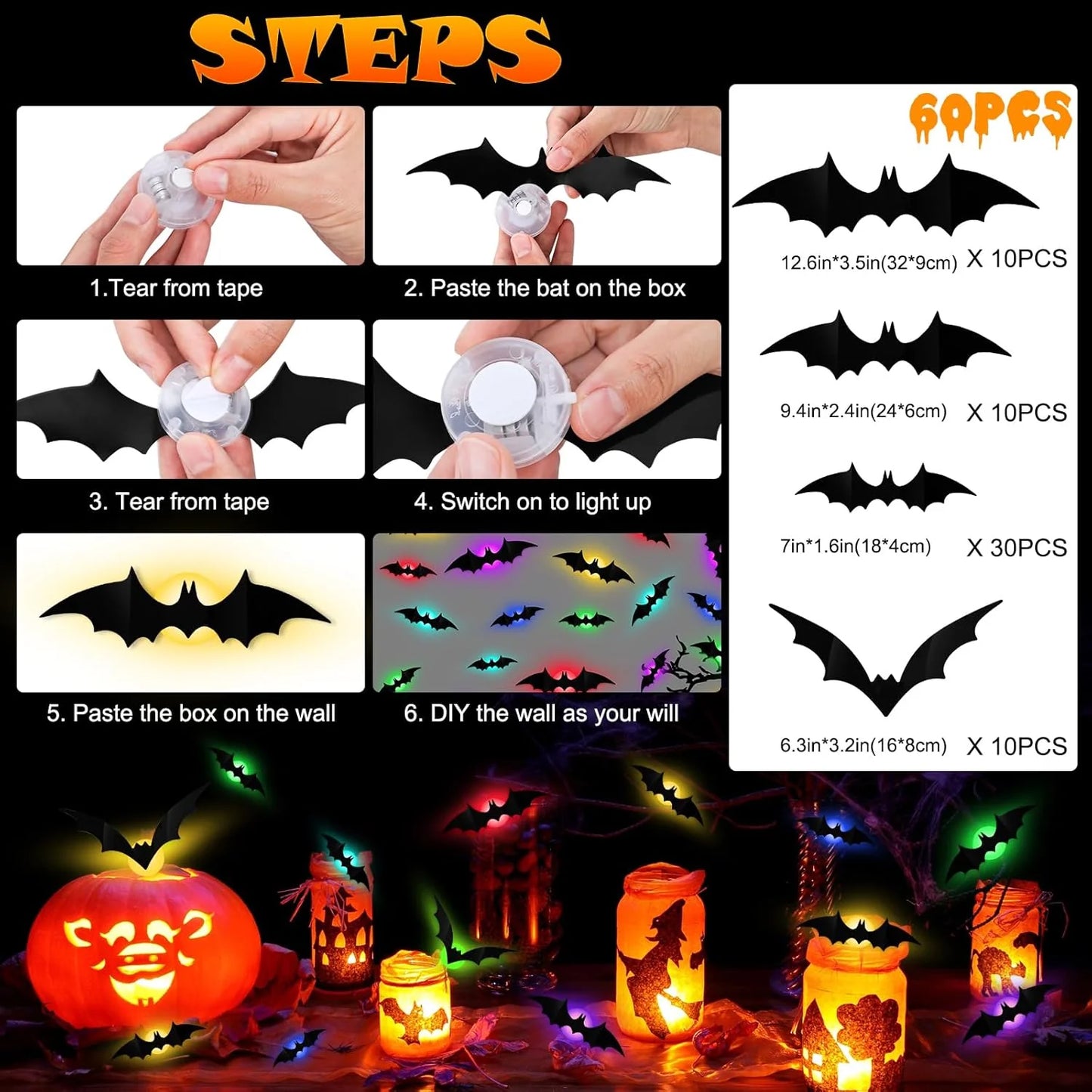 12Pcs 3D Bat Design LED Decoration