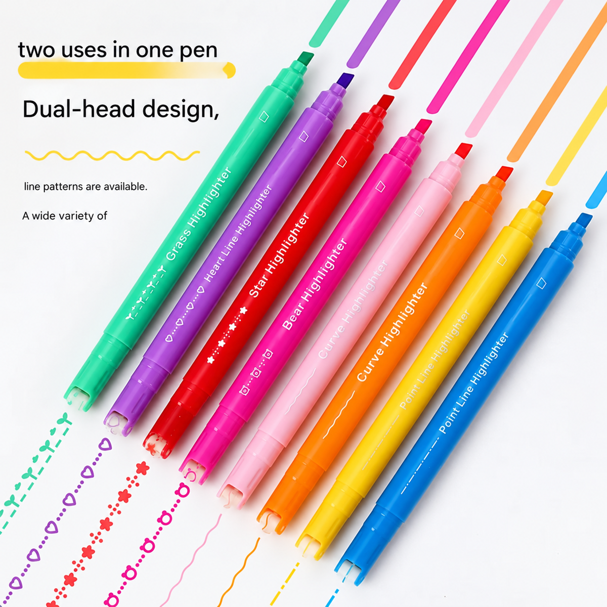 💯 Curve Highlighter Pen Set | 8pcs Dual Tip Markers – Roller Curve Tip + Fine Tip – 8 Colors, 8 Line Styles – For Journaling & School ✨📝