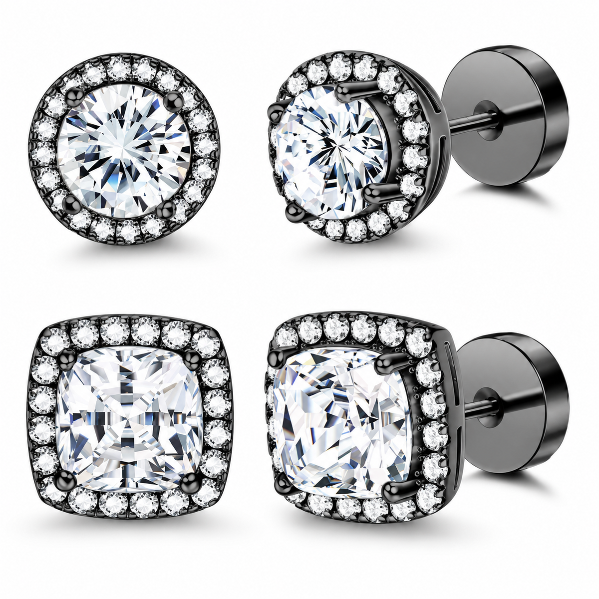 Halo Stud Earrings 4-Pack- Gold & Silver Round/Square Styles