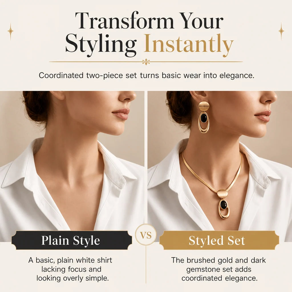 📢📢 50% OFF✨ Vintage Choker & Earring Set – Brushed Gold-Tone Finish & Black Stone Accents for Elegant Evenings