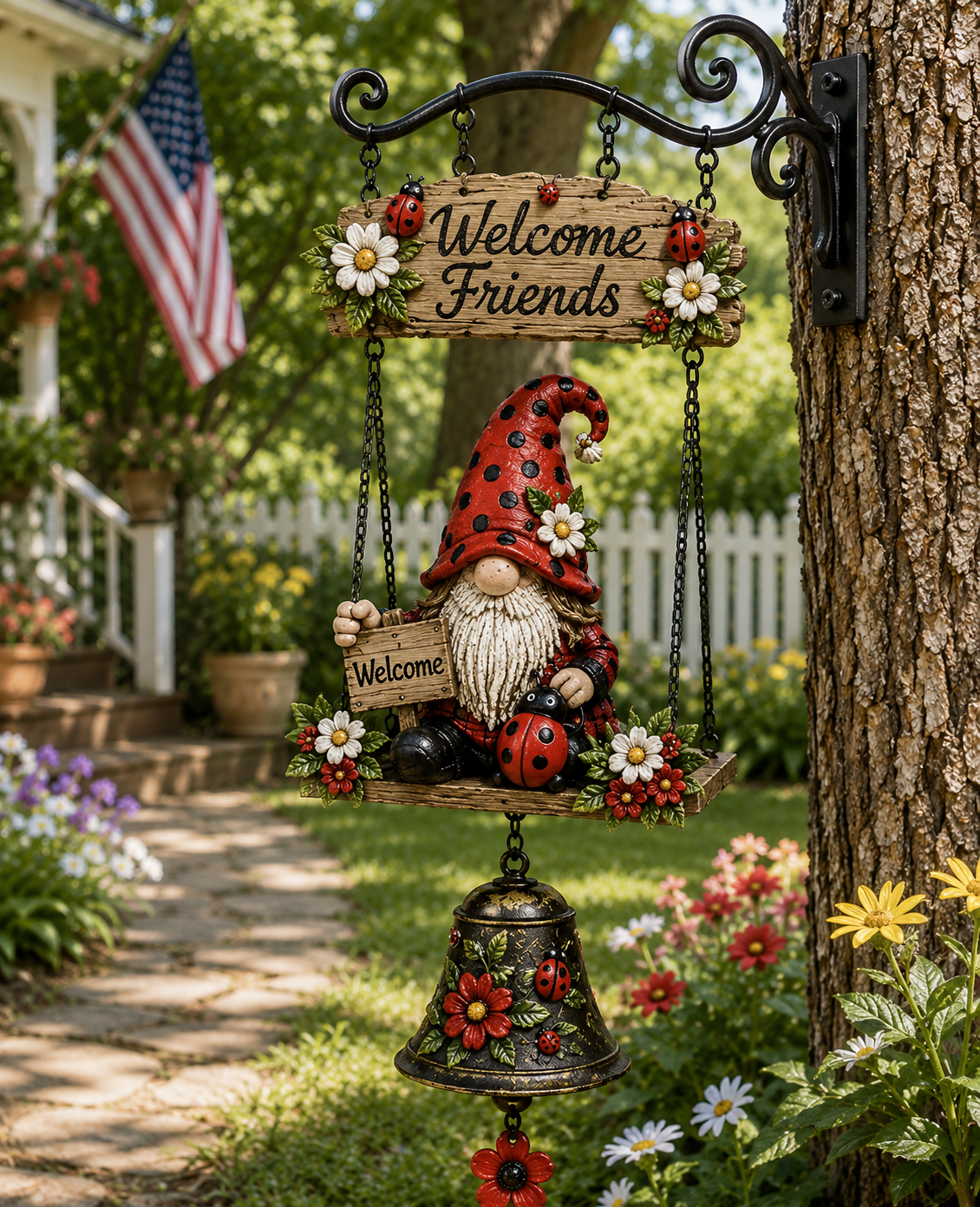 Rustic Garden Gnome Bell – Bee-Themed Farmhouse Outdoor Decor 🌼