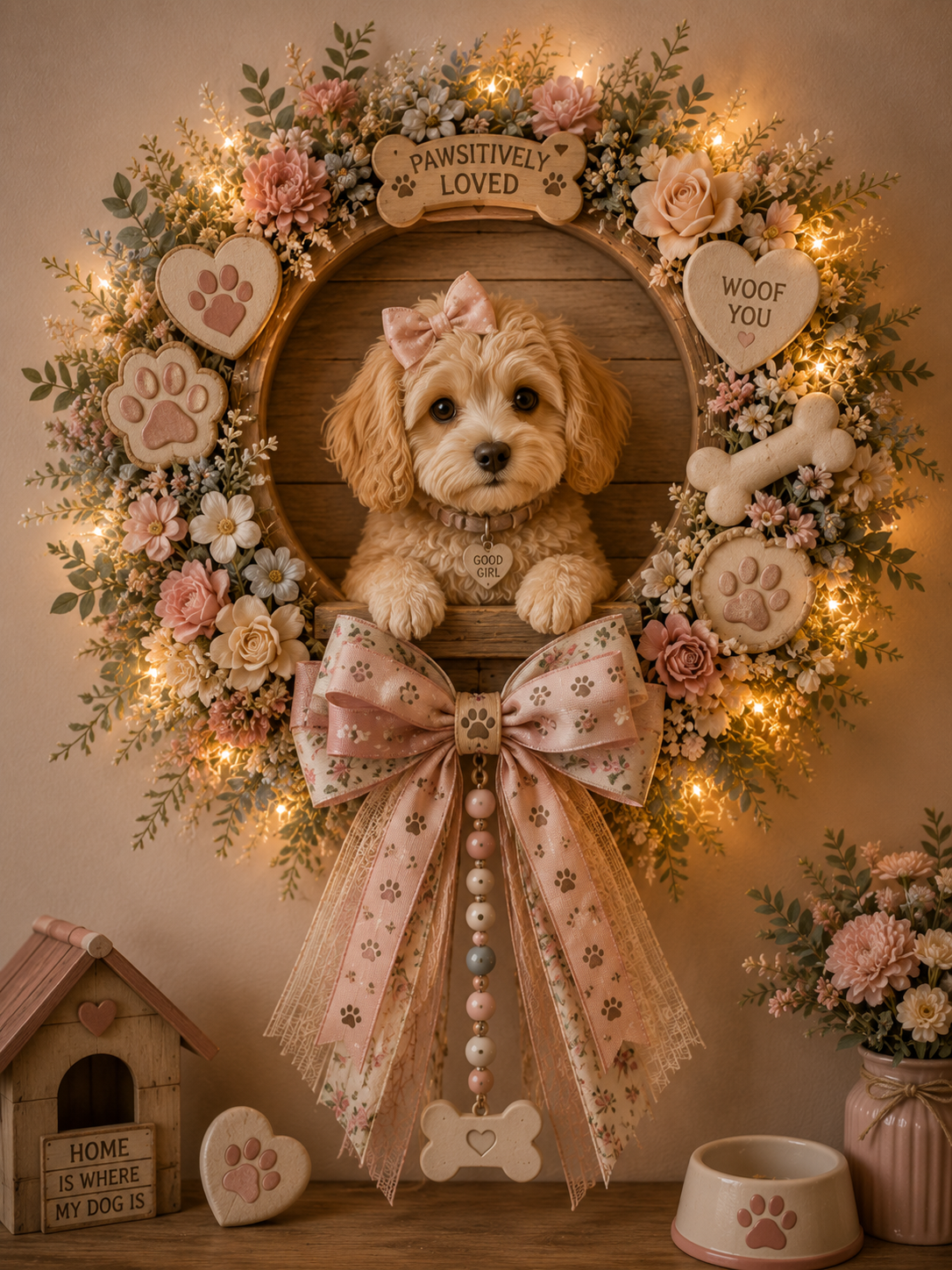🌸🐶 Lighted Pink Floral Dog Lover Wreath