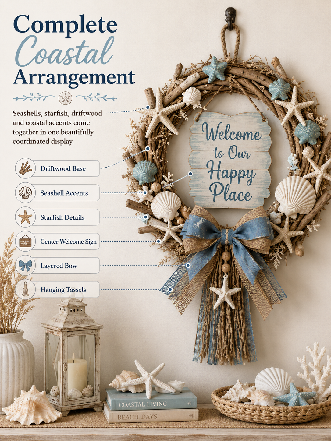 Lighted Coastal “Happy Place” Welcome Wreath
