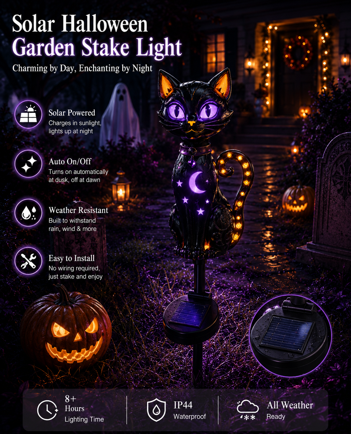 ๐ฅ Get Ready for Spooky Season ๐ Solar Black Cat Purple Glow Outdoor Garden Stake Light ๐โจ