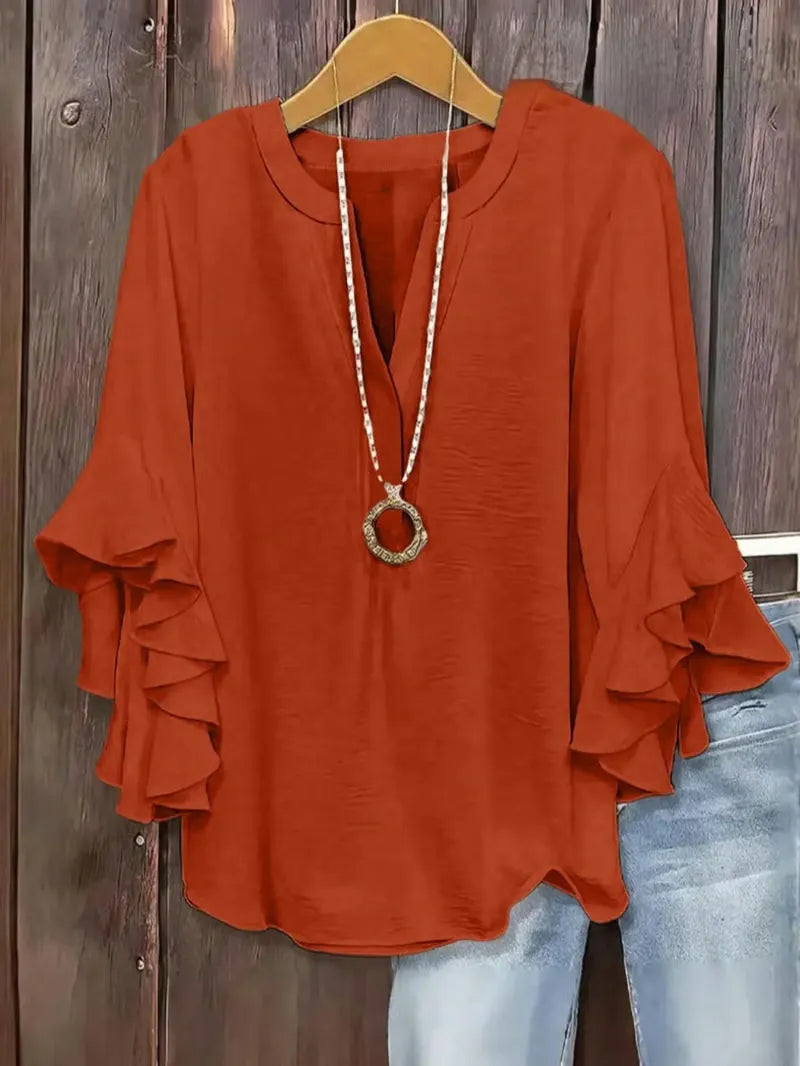 š„Plus Size Women's Ruffle Sleeve V-Neck Shirt, Elegant Floral Design, Comfortable and Stylish, Perfect for Casual Wear