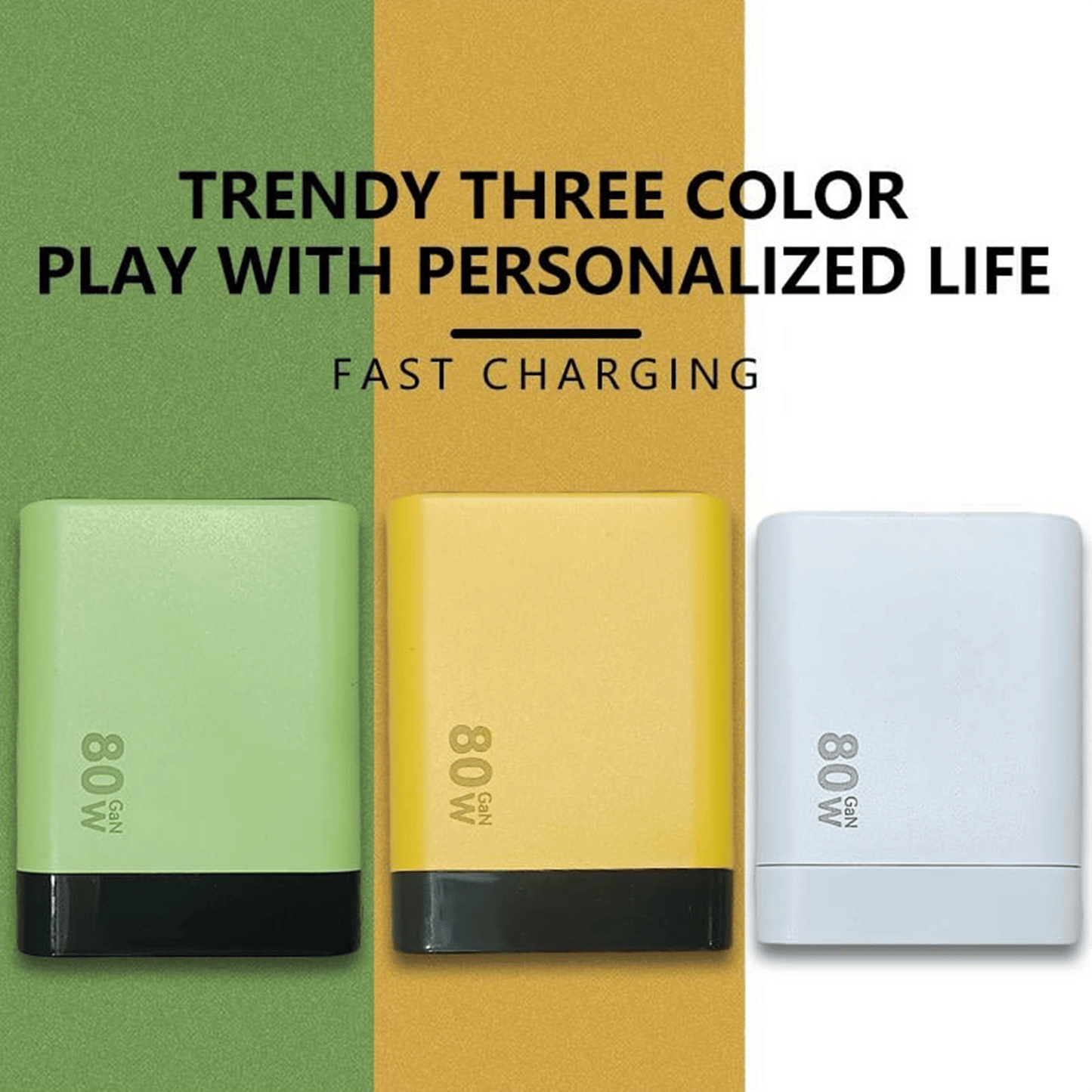 3 in 1 GaN Charger,Scalable 80W MAX fast charger module with Type-C cable and 2 USB ports