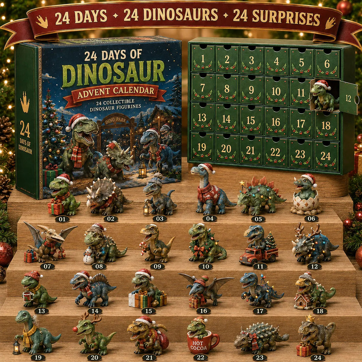 🦖24 Days of Dinosaur Christmas Advent Calendar – 24 Collectible Dino Figurines Holiday Surprises(2D)