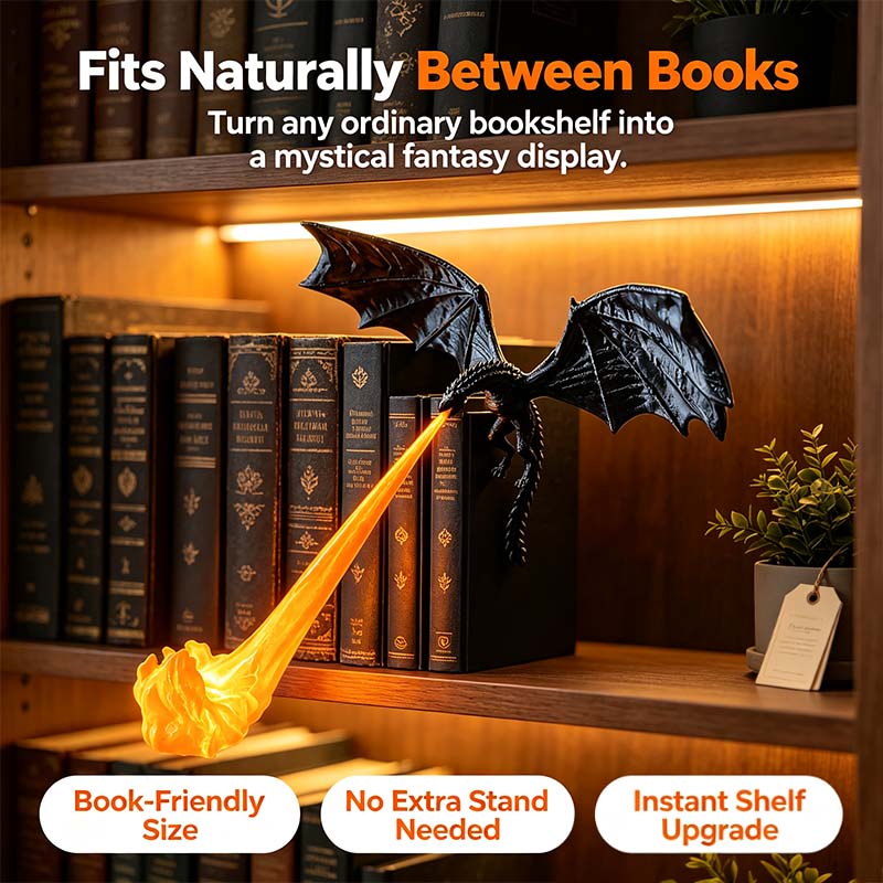 🐉🔥 Dragon Flame Book Nook – Mystical 3D Lighted Dragon Bookshelf Decor