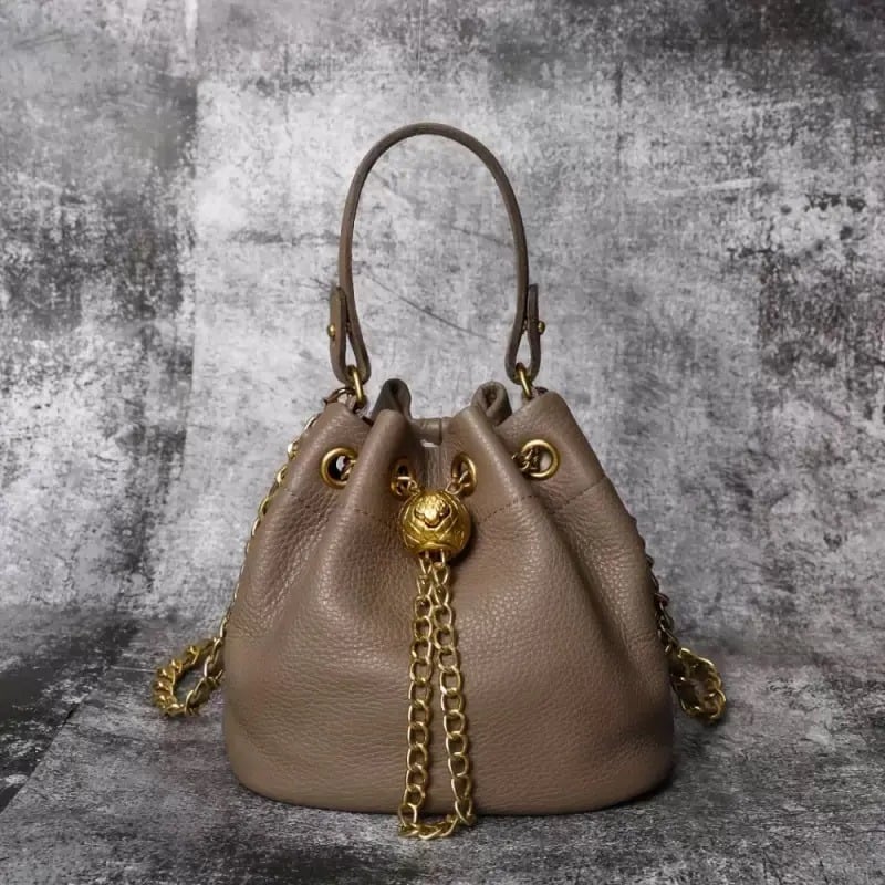 🍂Genuine Leather Bucket Bag 👜 Shoulder Bag with Chain Strap for Women