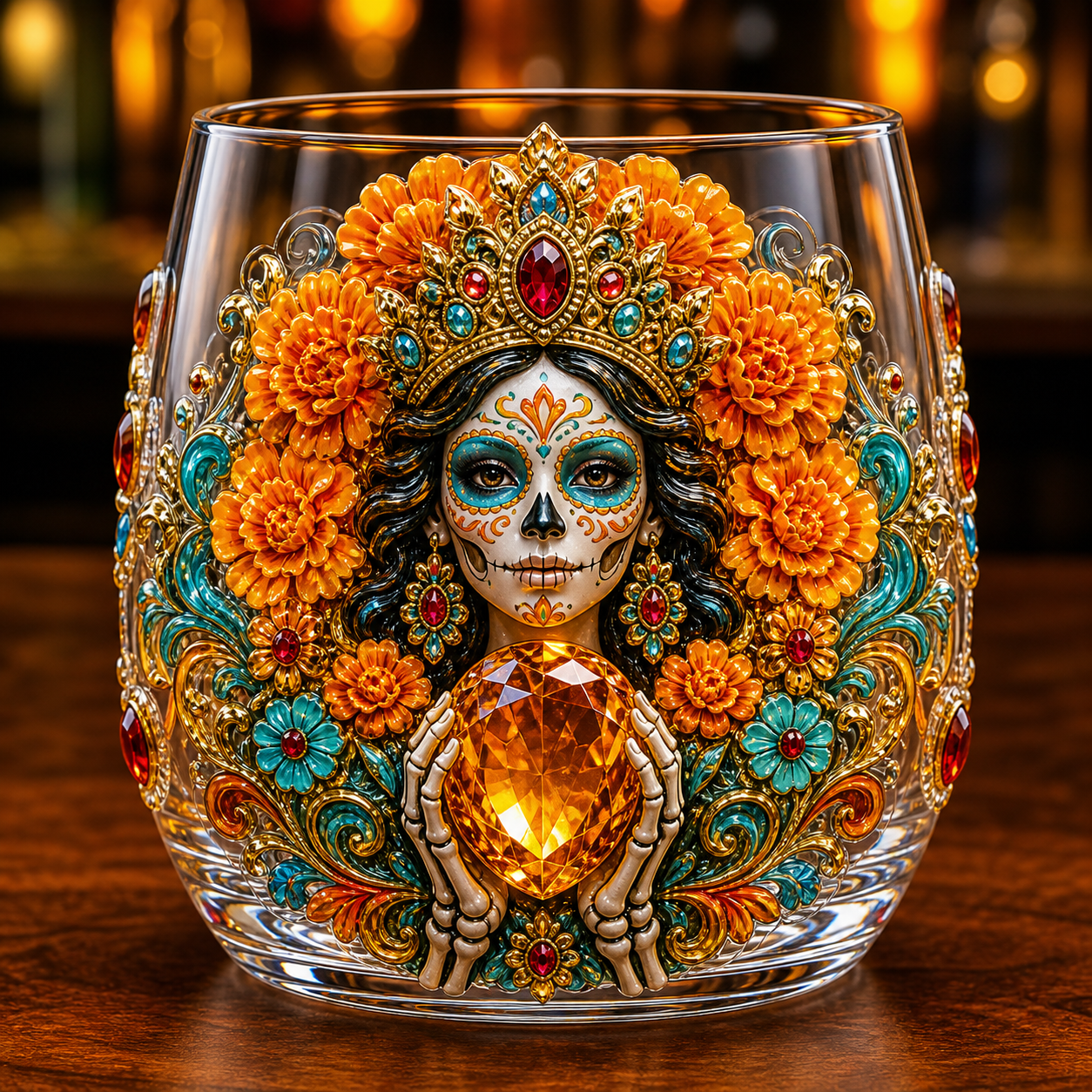 💀🌼 Día de los Muertos Crystal Glass Art Cup | Bright Raised 3D Calavera Glassware for Whiskey, Home Décor & Meaningful Gifts 🎁