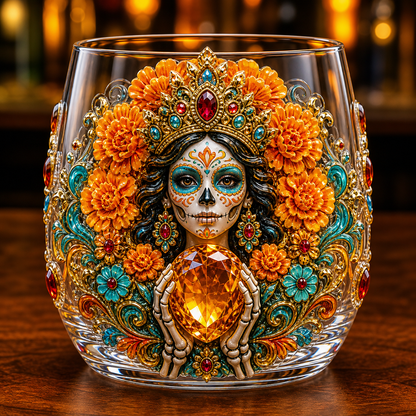 💀🌼 Día de los Muertos Crystal Glass Art Cup | Bright Raised 3D Calavera Glassware for Whiskey, Home Décor & Meaningful Gifts 🎁