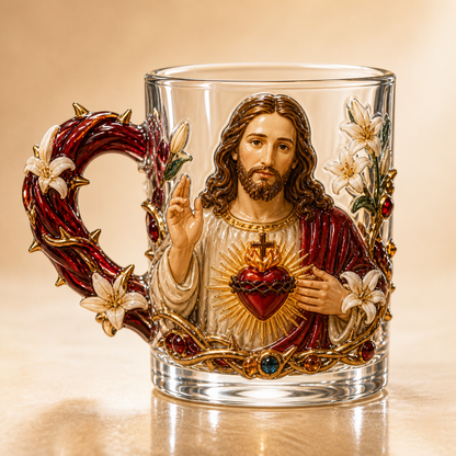 ✝️✨ 3D Sacred Faith Glass Mug | Raised Jesus & Virgin Mary Sculptural Glass Art Cup – 12 oz Christian Gift