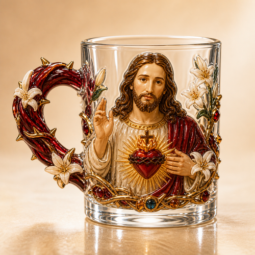 ✝️✨ 3D Sacred Faith Glass Mug | Raised Jesus & Virgin Mary Sculptural Glass Art Cup – 12 oz Christian Gift