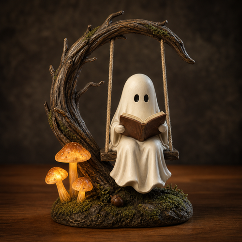 Moonlit Storykeeper Ghost Swing Lantern – Lighted Woodland Reading Sculpture