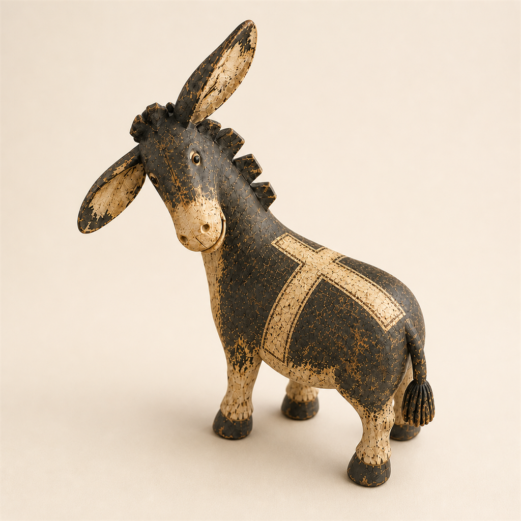 Faithful Donkey Keepsake styled on an entryway table