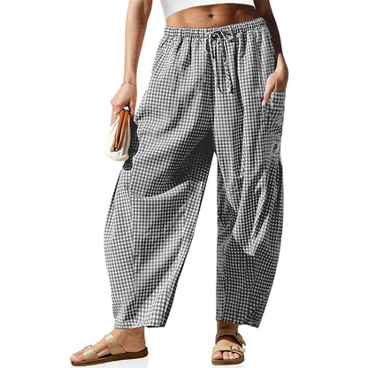 [SS26 Collection]TARSE Womens Wide Leg Gingham Striped Plaid Pants Casual Barrel Loose Drawstring Low Waist Palazzo Harem Pants with Pockets