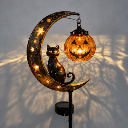 🔥 Get Ready for Spooky Season 🎃 Solar Black Cat Moon Pumpkin Outdoor stake Light ✨