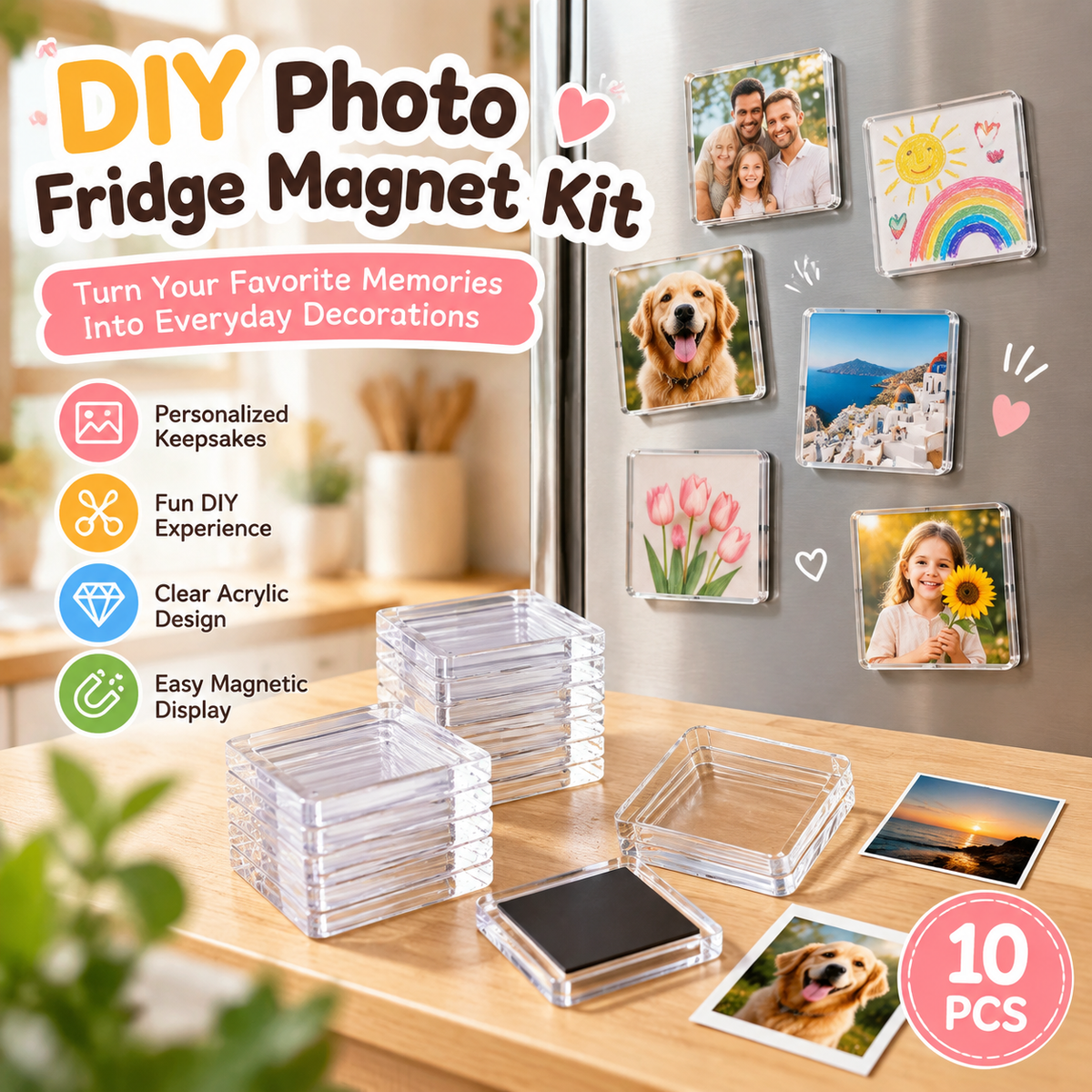 ✨ DIY Photo Fridge Magnet Kit – 10 Pack Clear Acrylic Picture Magnets 🧲
