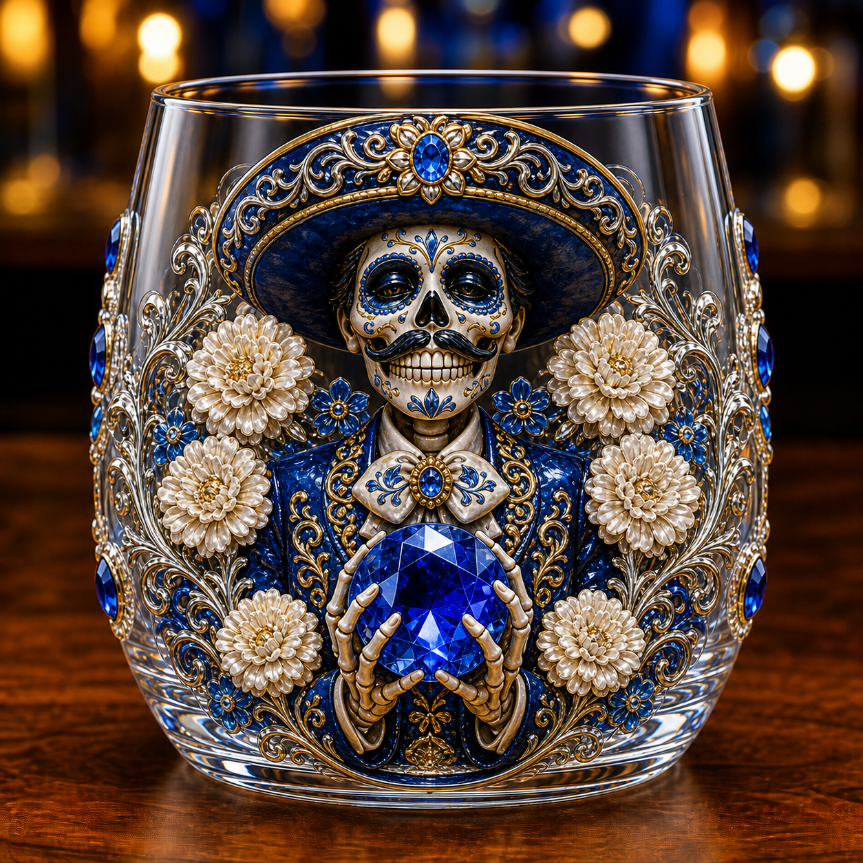 💀🌼 Día de los Muertos Crystal Glass Art Cup | Bright Raised 3D Calavera Glassware for Whiskey, Home Décor & Meaningful Gifts 🎁