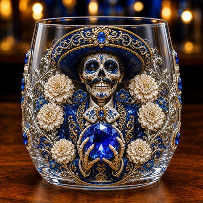 💀🌼 Día de los Muertos Crystal Glass Art Cup | Bright Raised 3D Calavera Glassware for Whiskey, Home Décor & Meaningful Gifts 🎁