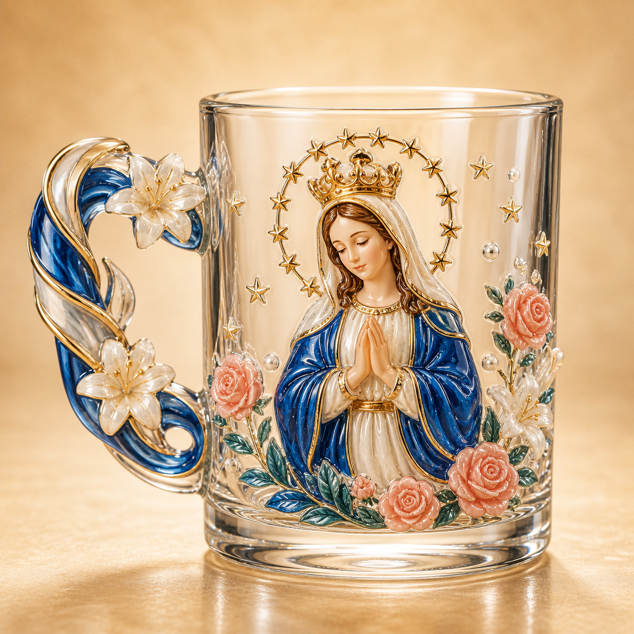 ✝️✨ 3D Sacred Faith Glass Mug | Raised Jesus & Virgin Mary Sculptural Glass Art Cup – 12 oz Christian Gift