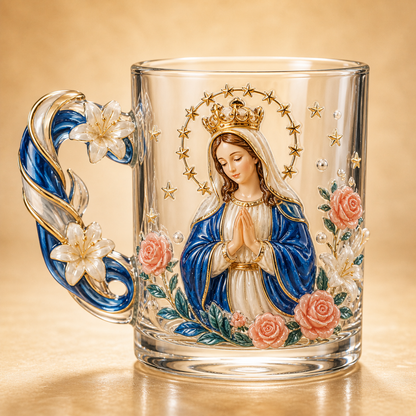 ✝️✨ 3D Sacred Faith Glass Mug | Raised Jesus & Virgin Mary Sculptural Glass Art Cup – 12 oz Christian Gift