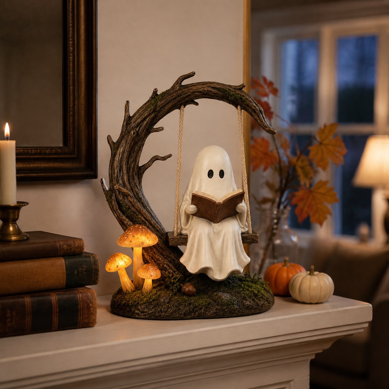 Moonlit Storykeeper Ghost Swing Lantern – Lighted Woodland Reading Sculpture