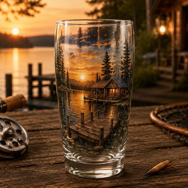 Lakeside Cabin fishing glass design