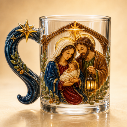 ✝️✨ 3D Sacred Faith Glass Mug | Raised Jesus & Virgin Mary Sculptural Glass Art Cup – 12 oz Christian Gift