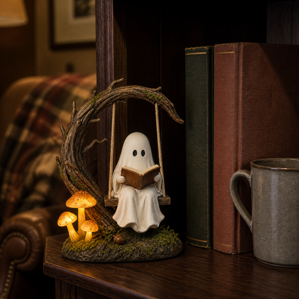 Moonlit Storykeeper Ghost Swing Lantern – Lighted Woodland Reading Sculpture