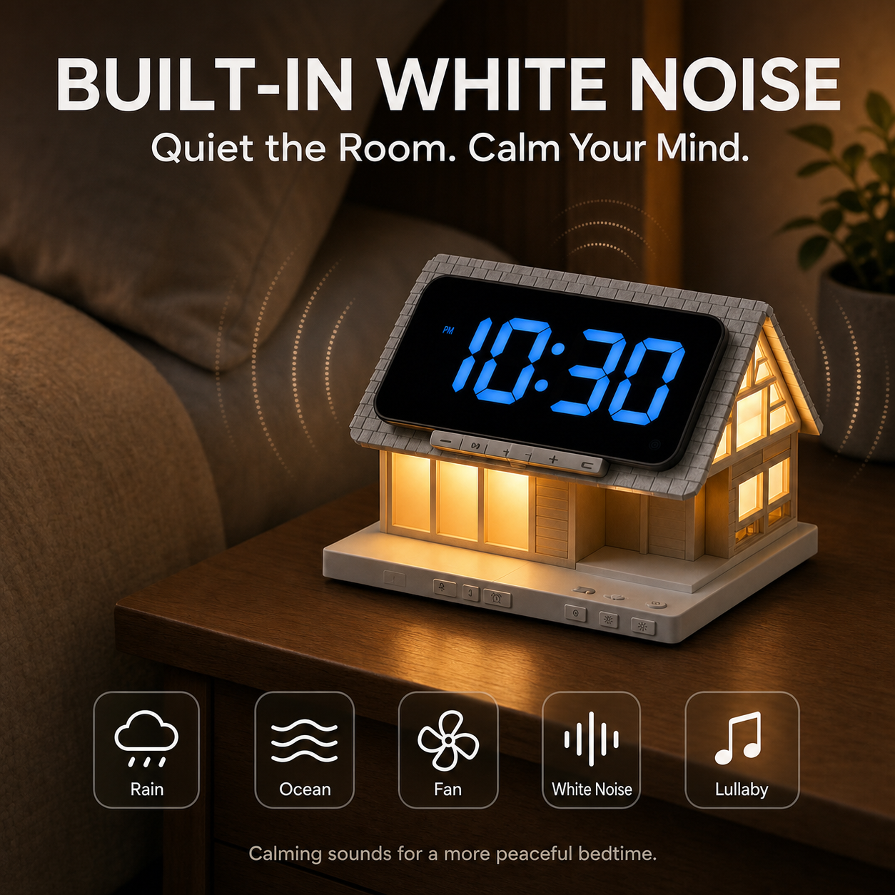🏡✨ Cozy Cabin 4-in-1 Bedside Station – Alarm Clock, Night Light, White Noise & Wireless Charger
