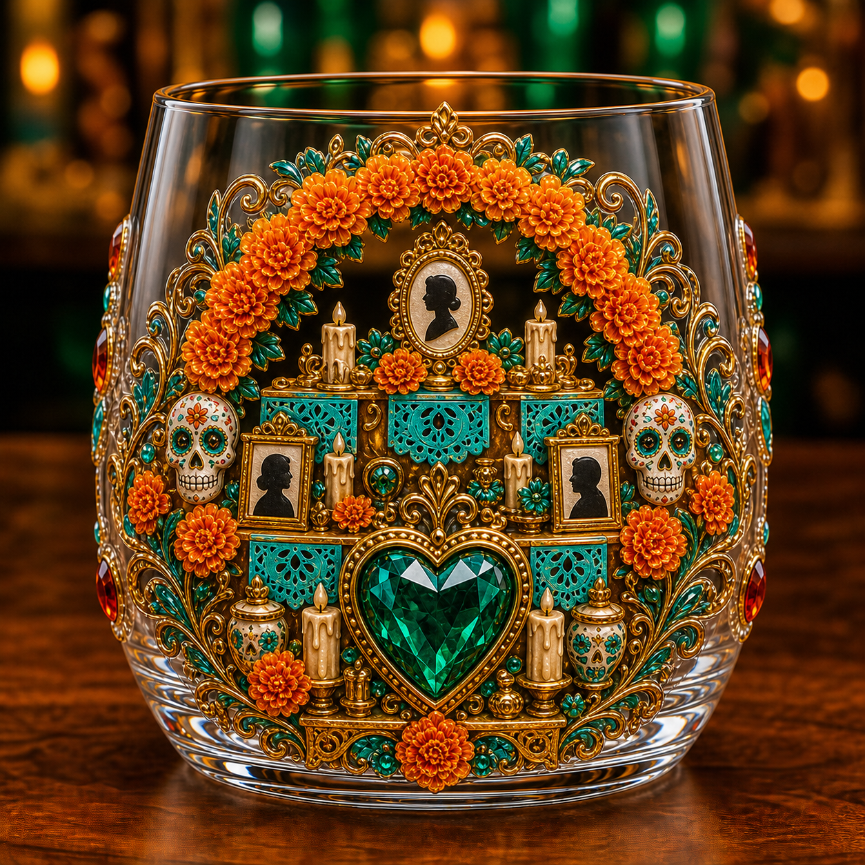 💀🌼 Día de los Muertos Crystal Glass Art Cup | Bright Raised 3D Calavera Glassware for Whiskey, Home Décor & Meaningful Gifts 🎁