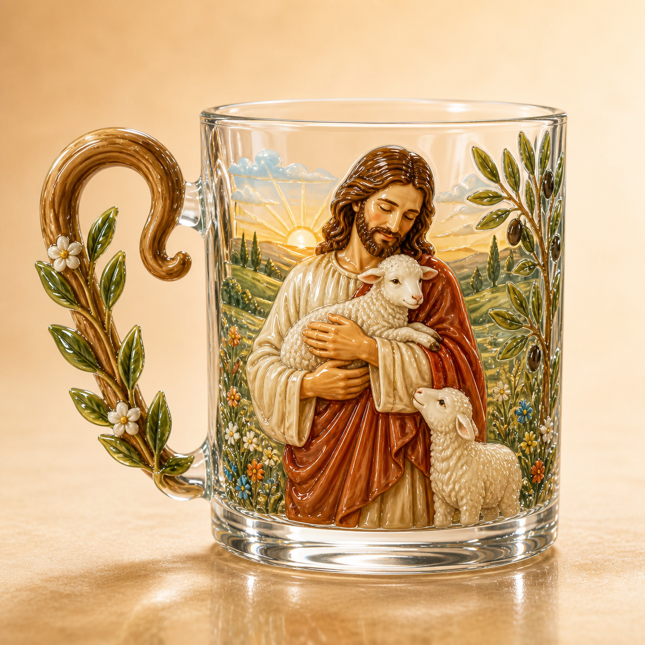 ✝️✨ 3D Sacred Faith Glass Mug | Raised Jesus & Virgin Mary Sculptural Glass Art Cup – 12 oz Christian Gift