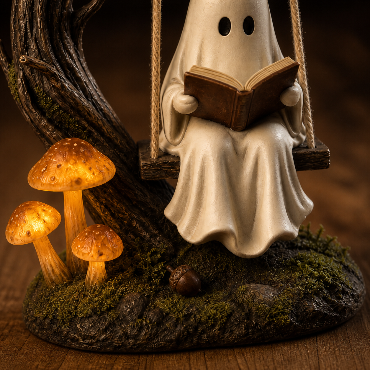 Moonlit Storykeeper Ghost Swing Lantern – Lighted Woodland Reading Sculpture