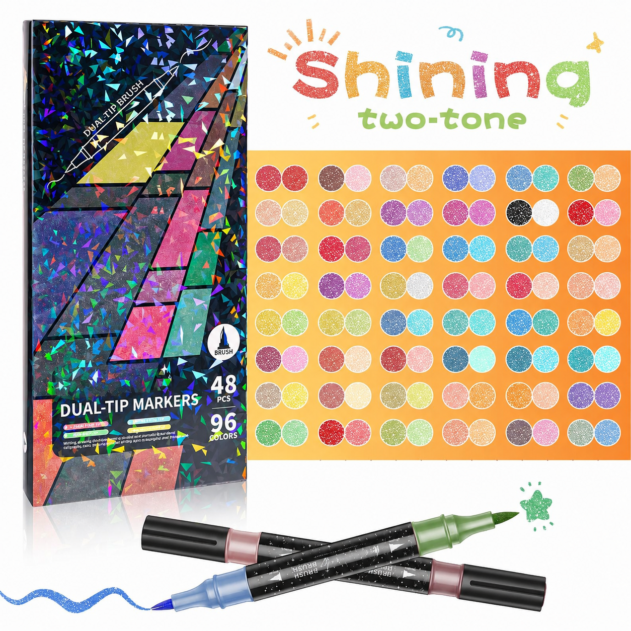 🎨SPARKLE DUAL-TIP MARKERS🥇✨: Create Sparkling Art Smoothly 🥳(🌈24-96 Colors | Smooth No Clog | No Bleed Through📝)