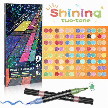 🎨SPARKLE DUAL-TIP MARKERS🥇✨: Create Sparkling Art Smoothly 🥳(🌈24-96 Colors | Smooth No Clog | No Bleed Through📝)