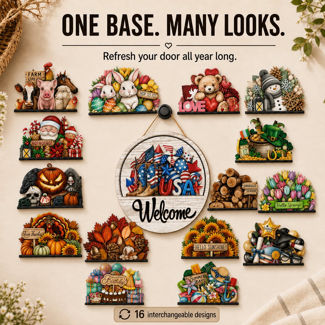 Interchangeable welcome sign displayed with seasonal pieces