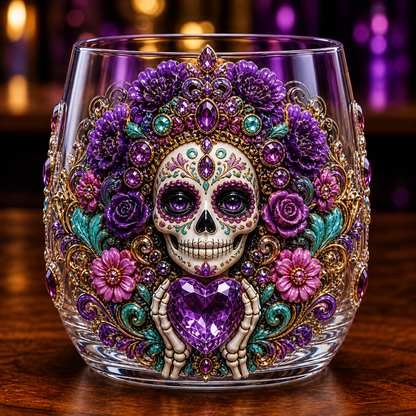💀🌼 Día de los Muertos Crystal Glass Art Cup | Bright Raised 3D Calavera Glassware for Whiskey, Home Décor & Meaningful Gifts 🎁