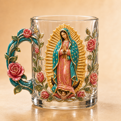 ✝️✨ 3D Sacred Faith Glass Mug | Raised Jesus & Virgin Mary Sculptural Glass Art Cup – 12 oz Christian Gift