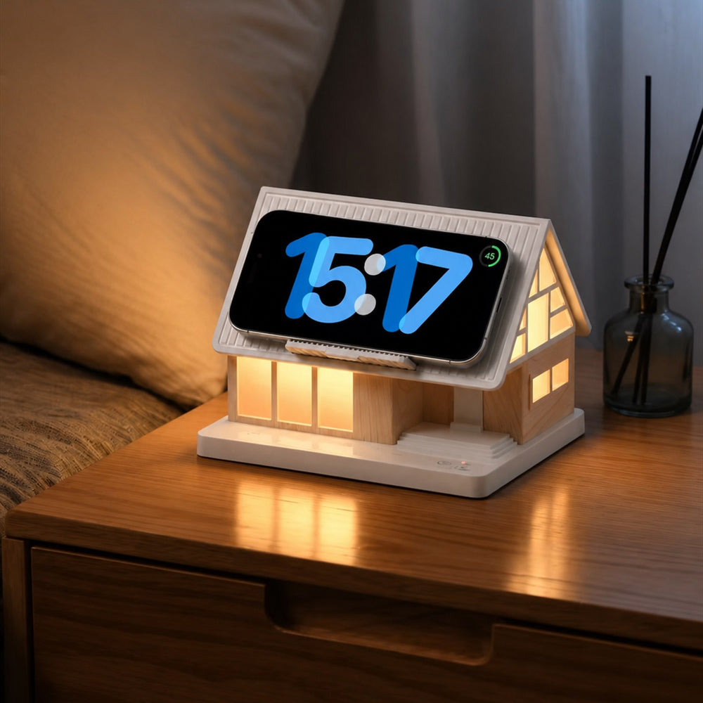 Cozy Cabin glowing on a bedroom nightstand