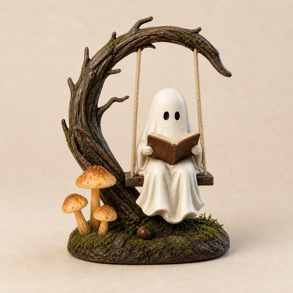 Moonlit Storykeeper Ghost Swing Lantern – Lighted Woodland Reading Sculpture