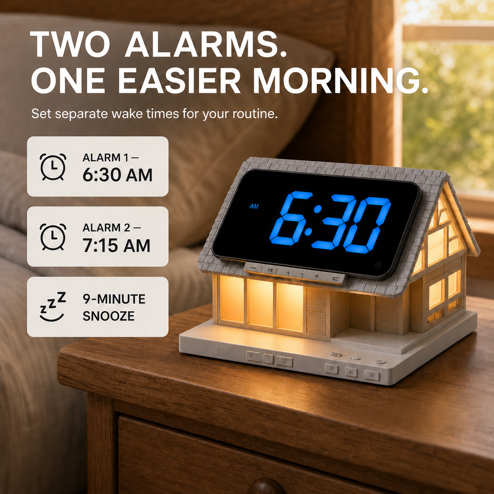 Cozy Cabin dual alarm and snooze controls