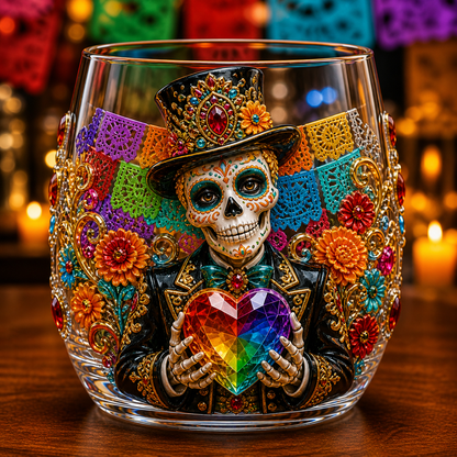 💀🌼 Día de los Muertos Crystal Glass Art Cup | Bright Raised 3D Calavera Glassware for Whiskey, Home Décor & Meaningful Gifts 🎁
