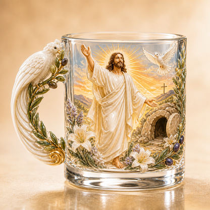 ✝️✨ 3D Sacred Faith Glass Mug | Raised Jesus & Virgin Mary Sculptural Glass Art Cup – 12 oz Christian Gift