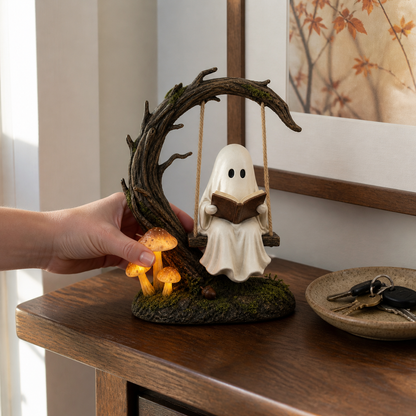 Moonlit Storykeeper Ghost Swing Lantern – Lighted Woodland Reading Sculpture