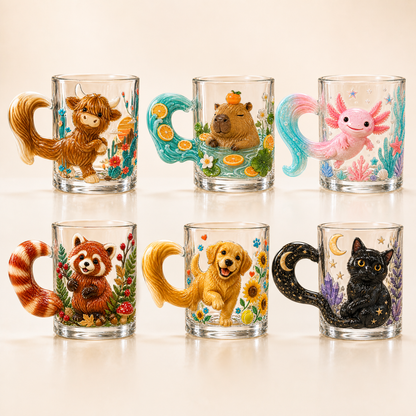 🐾✨ 3D Animal Tail Glass Mug | Raised Sculptural Clear Glass Cup with Character Handle – 12 oz Collectible Gift