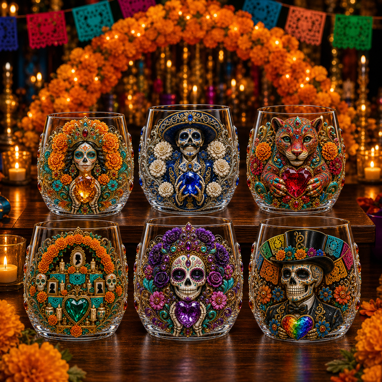 💀🌼 Día de los Muertos Crystal Glass Art Cup | Bright Raised 3D Calavera Glassware for Whiskey, Home Décor & Meaningful Gifts 🎁