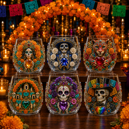 💀🌼 Día de los Muertos Crystal Glass Art Cup | Bright Raised 3D Calavera Glassware for Whiskey, Home Décor & Meaningful Gifts 🎁